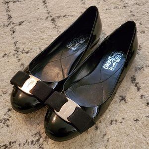 SALVATORE FERRAGAMO Black Patent Flats